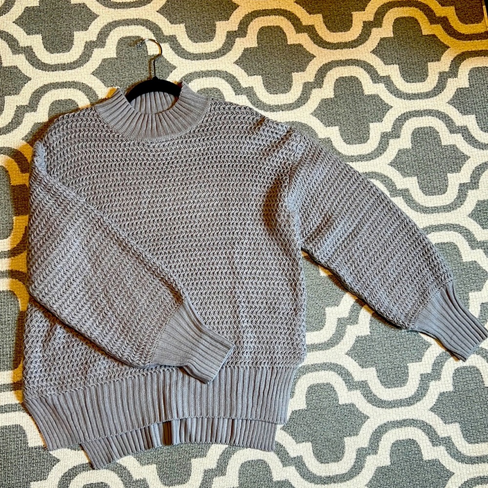 Mock neck gray sweater with dropped sleeve